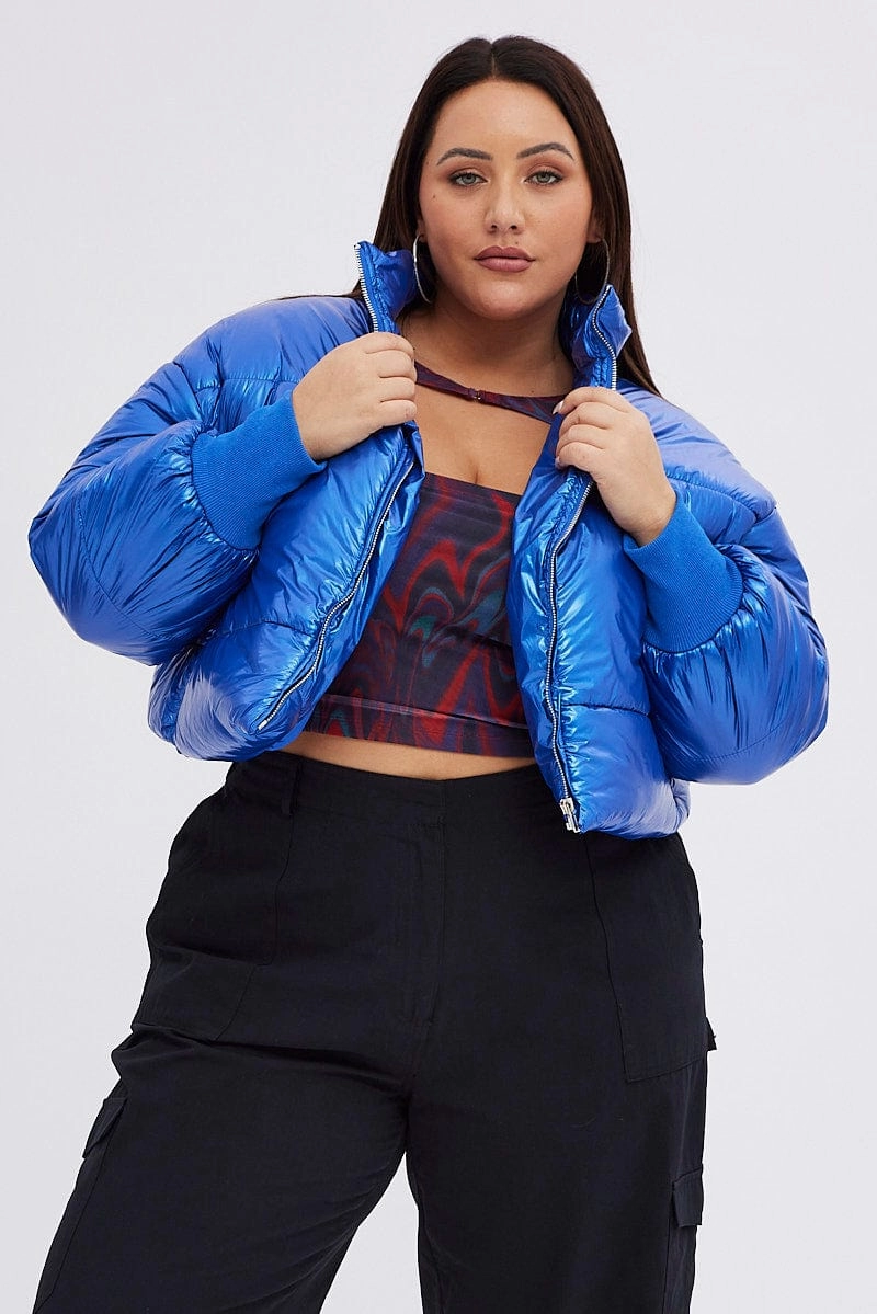 High Visibility Trim Urban Fit Look Blue Puffer Jacket Shiny Wet Look Lined Cropped