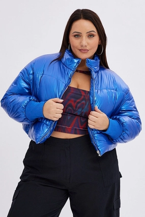Active Urban Layer Blue Puffer Jacket Shiny Wet Look Lined Cropped