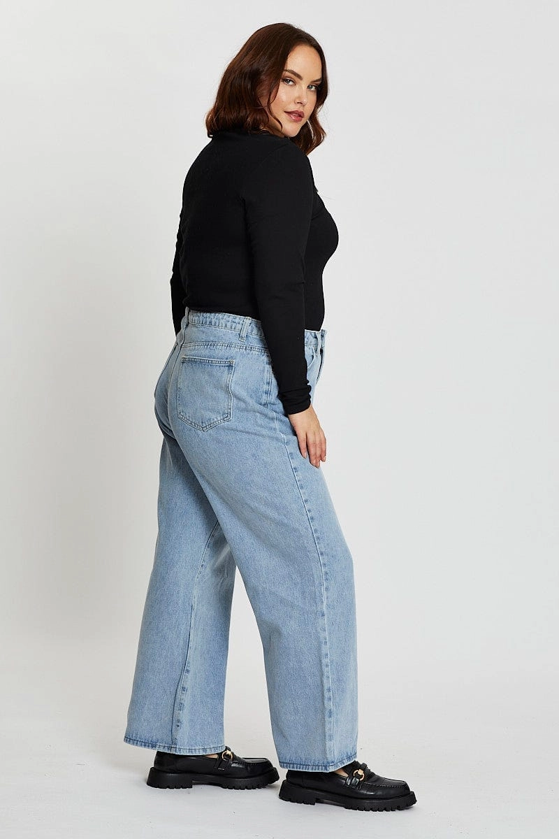 Blue High Rise Asymmetric Straight Denim Jeans Classic Five Pocket Design Perfect Length