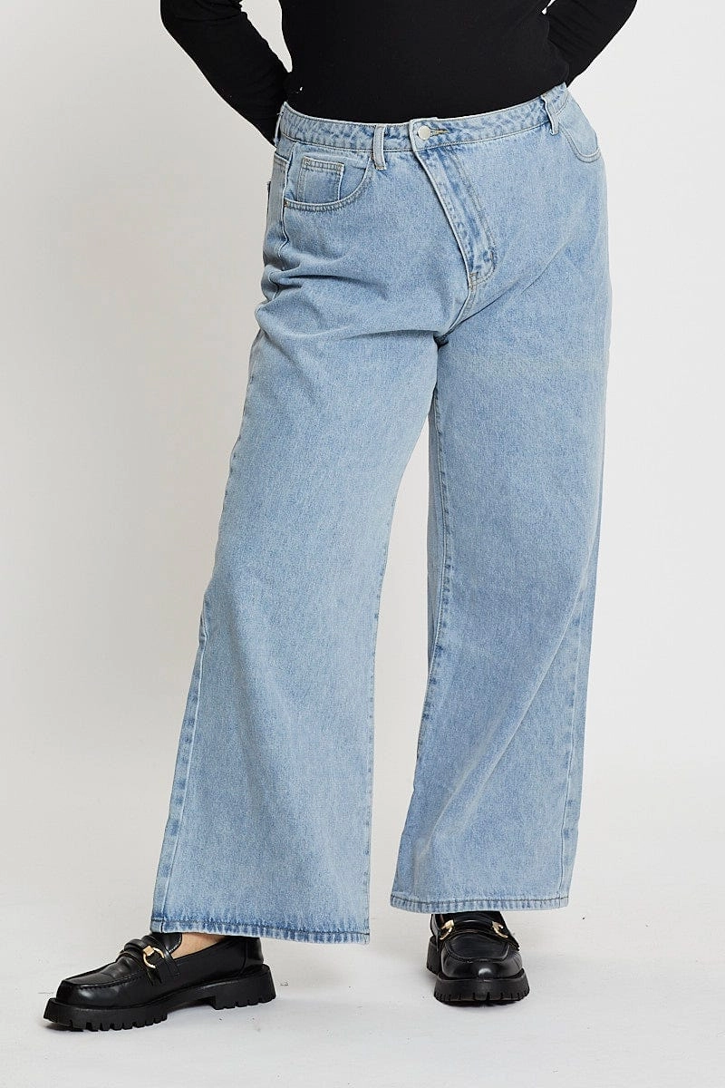Winter Warmth Festival Outfit Outdoor Adventure Blue High Rise Asymmetric Straight Denim Jeans
