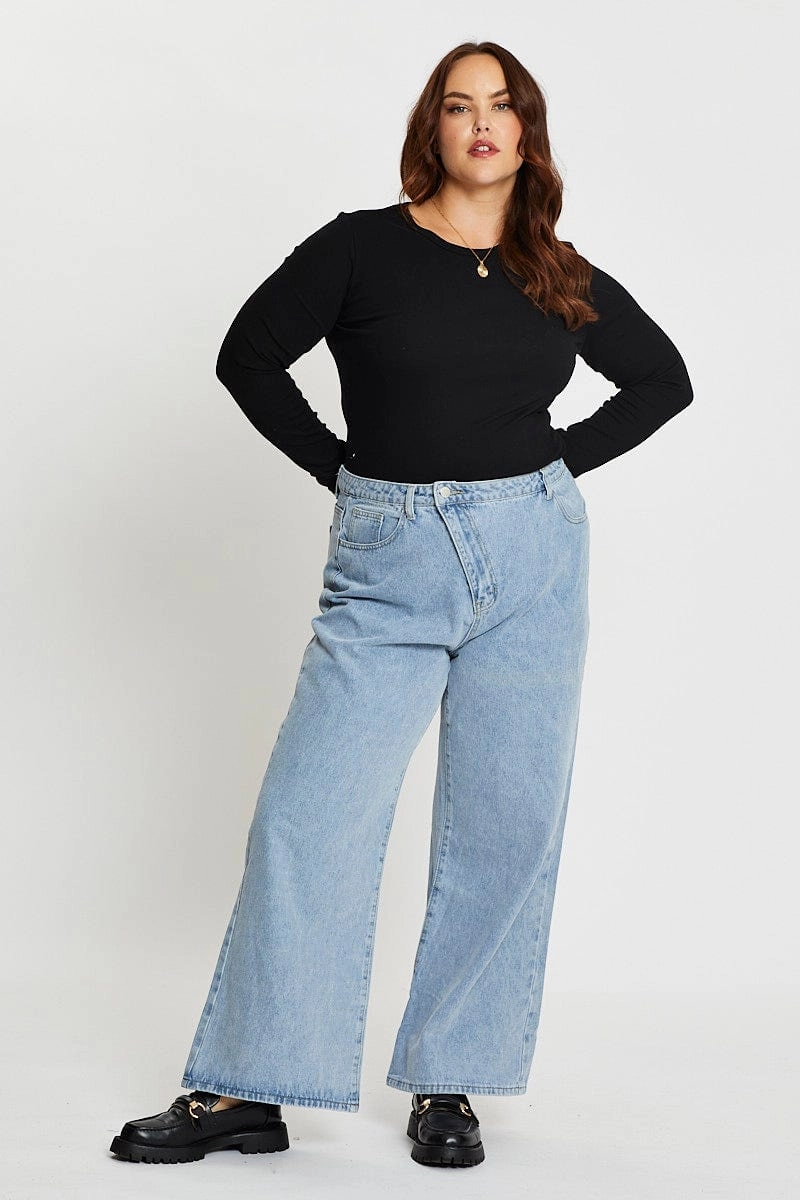 Blue High Rise Asymmetric Straight Denim Jeans Neutral Fabric