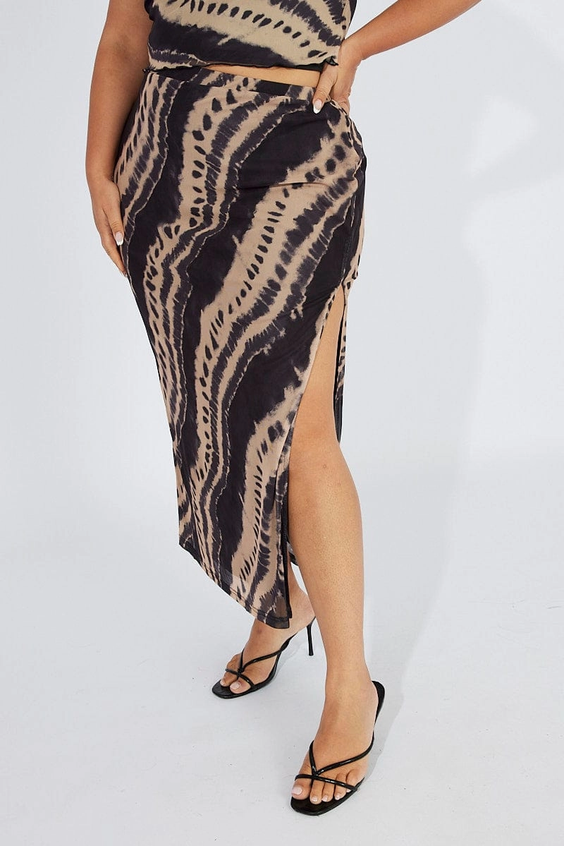 Bold Finish Black Abstract Mesh Long Split Skirt