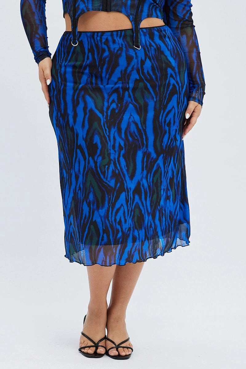Modern Tones Blue Abstract Midi Skirt Mesh Print