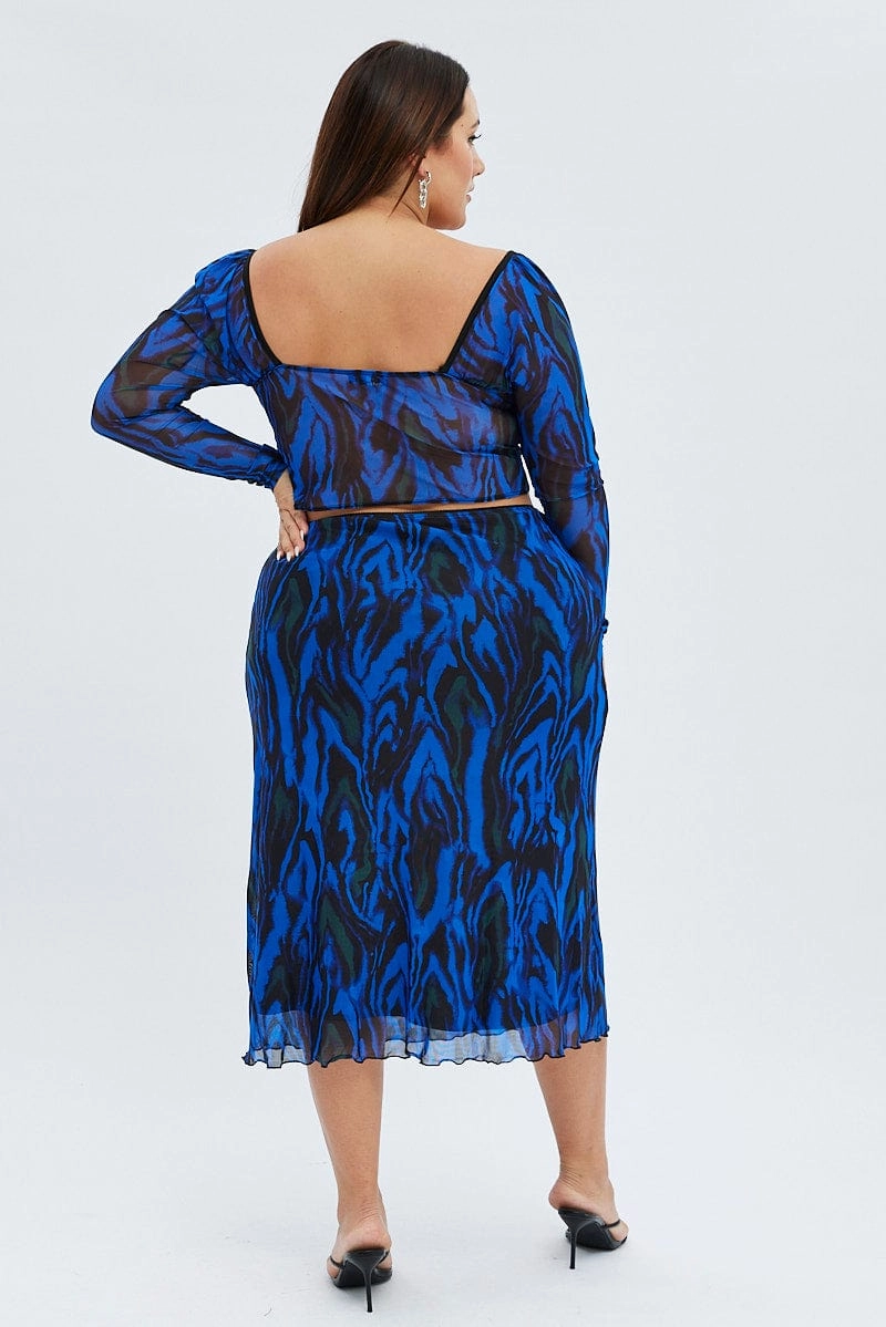 Elastic hemline Blue Abstract Midi Skirt Mesh Print
