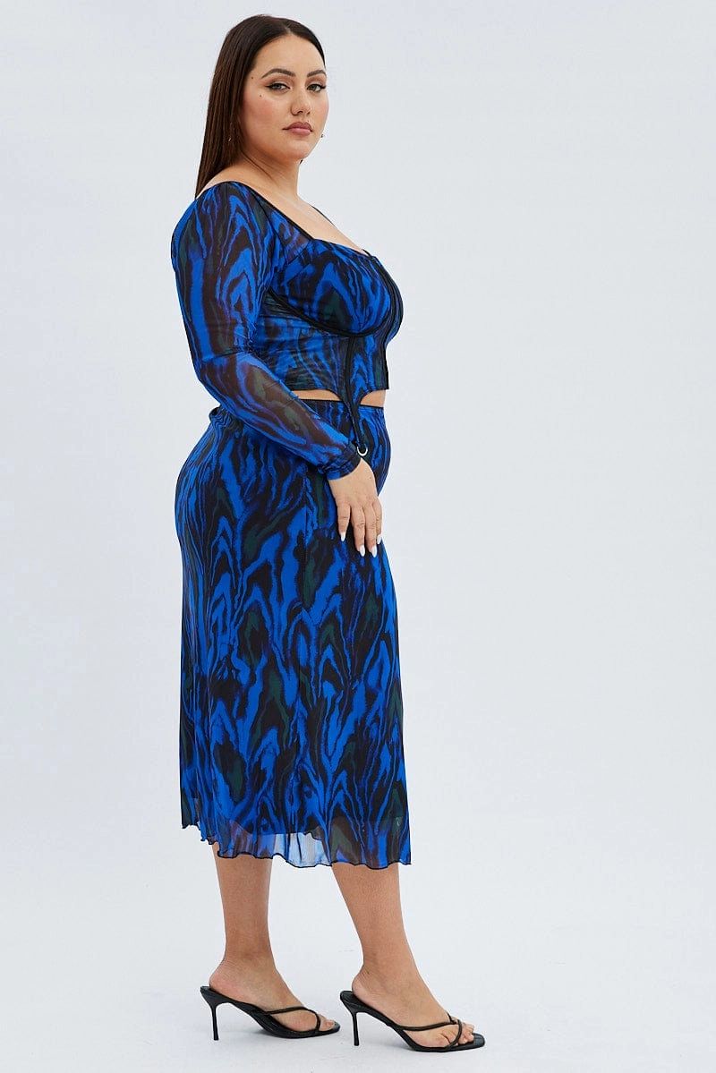 Blue Abstract Midi Skirt Mesh Print Airy Look Aesthetic Look
