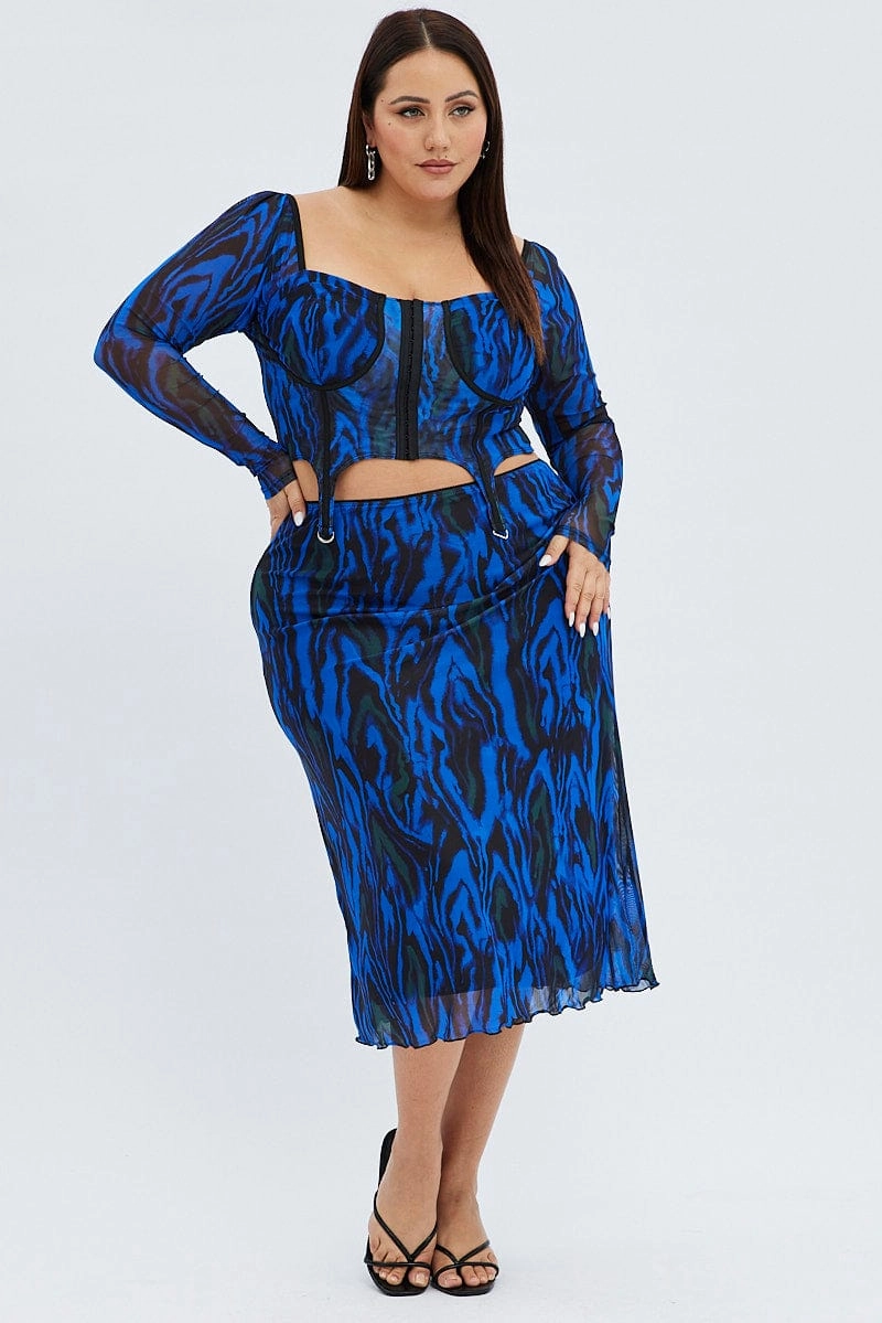 Blue Abstract Midi Skirt Mesh Print Mix Separates