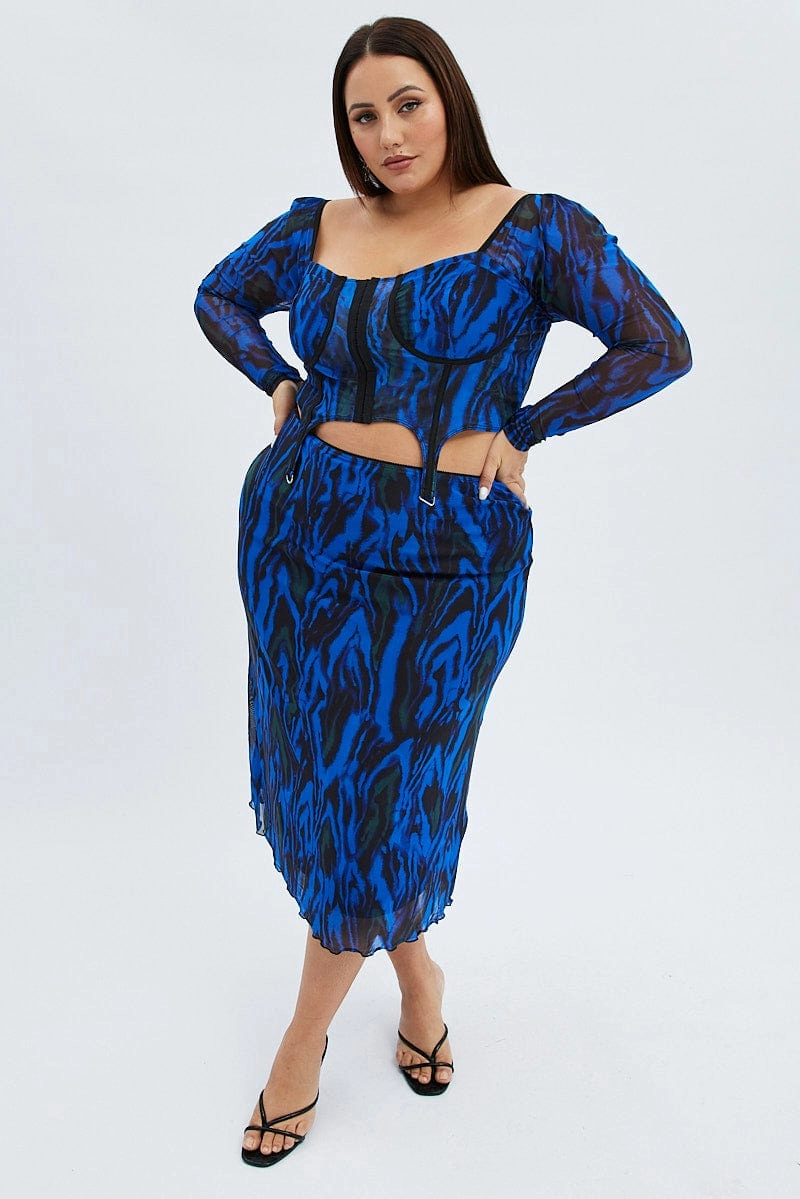 Blue Abstract Midi Skirt Mesh Print Ethically Made Outfit Focused
