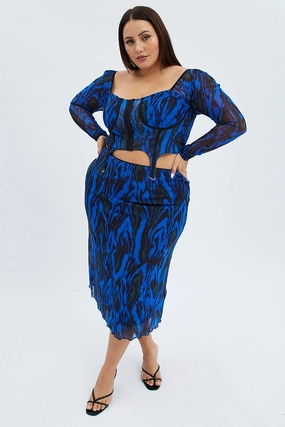 Blue Abstract Midi Skirt Mesh Print Ethically Made Outfit Focused