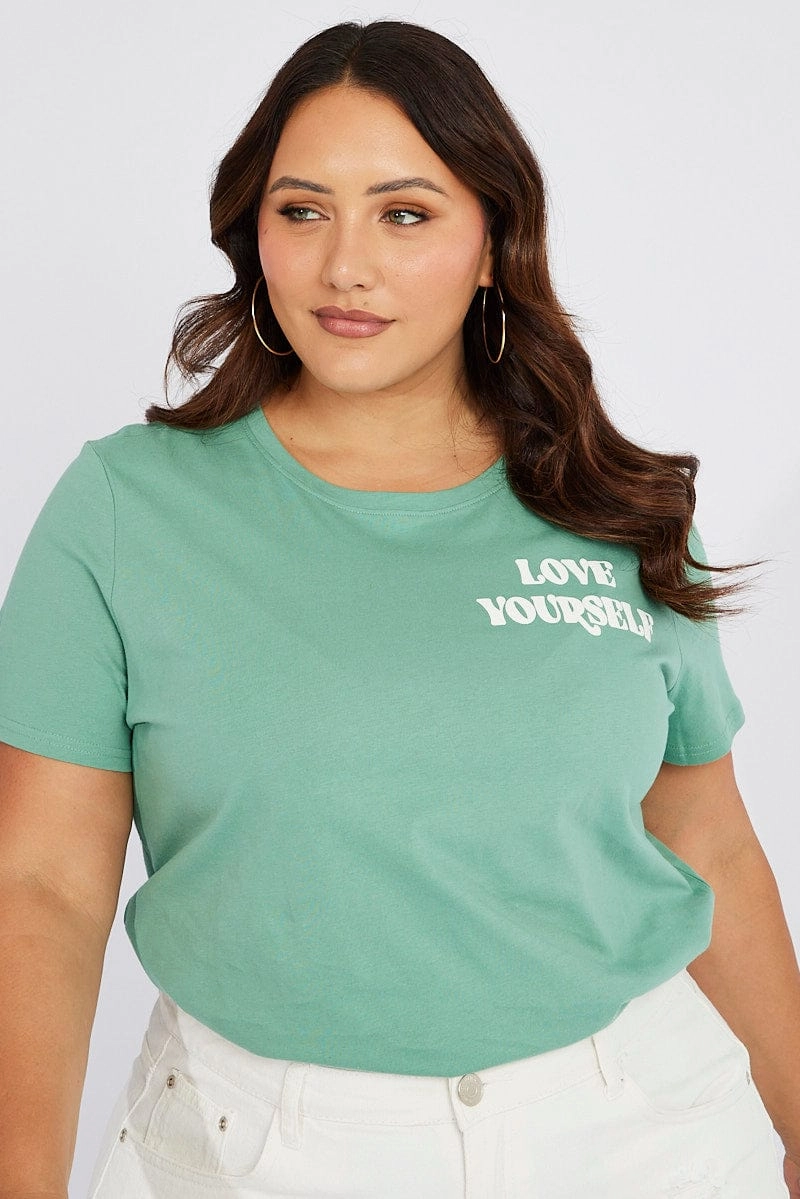 Green Graphic T-shirt Short Sleeve Crew Neck Non-toxic Heather Texture Finish