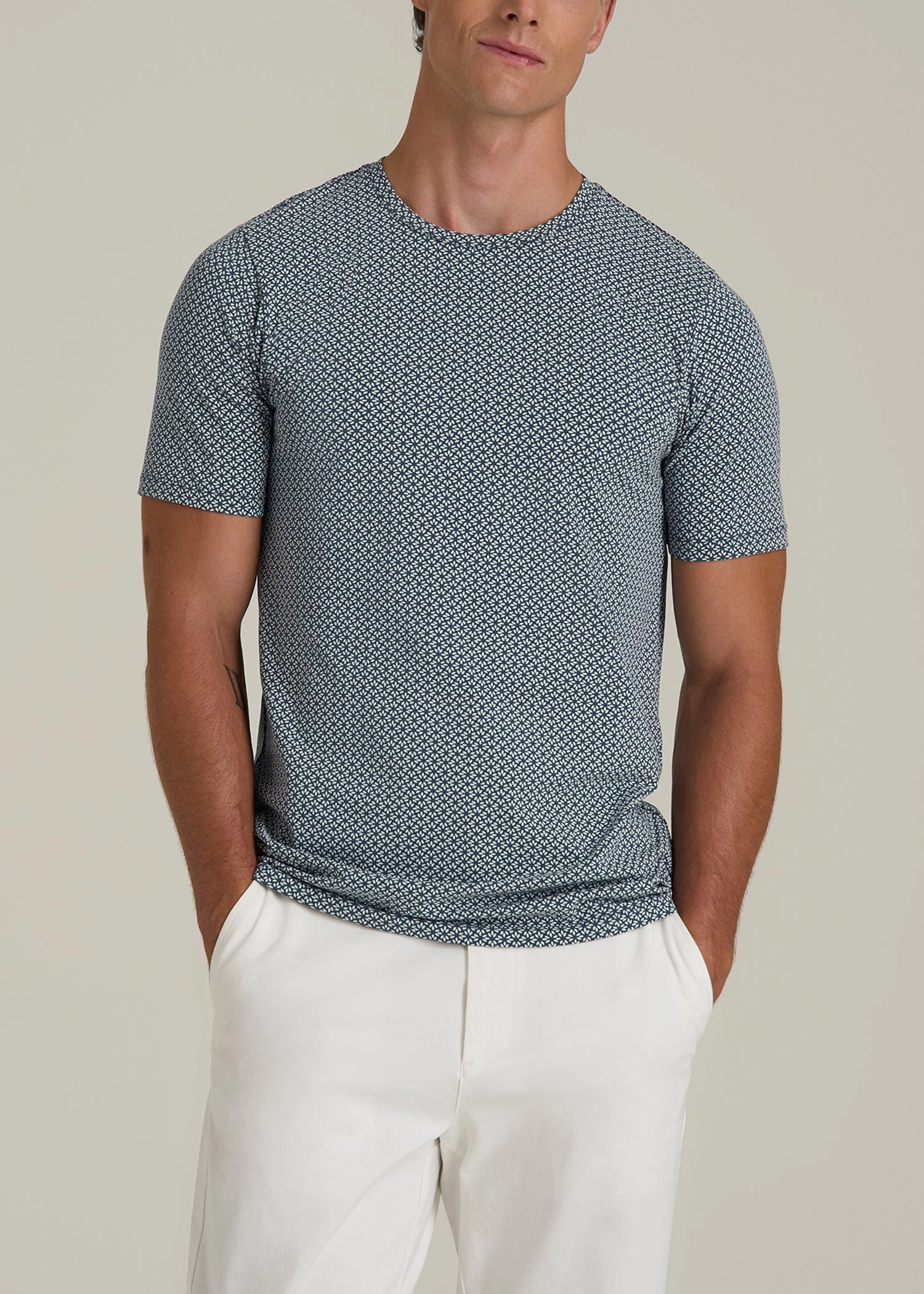 Stretch Pima Cotton Printed Tee for Tall Men in Grey and Blue Geometric Minimalist Aesthetic