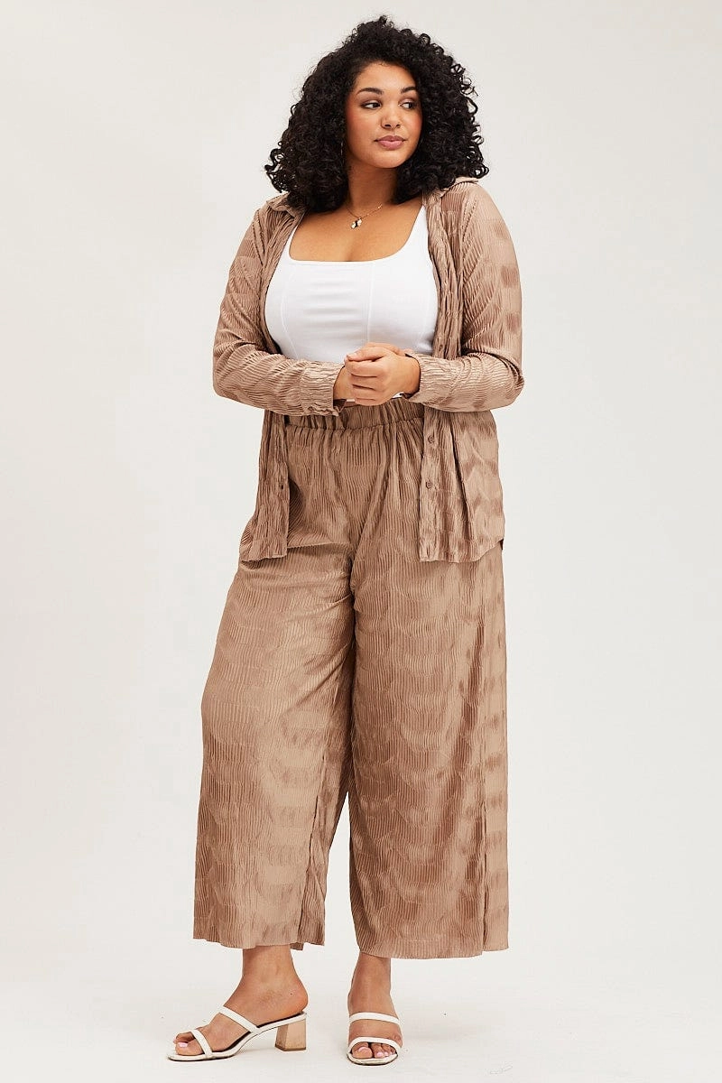 Gold Pants High Rise Plisse Elastic Waist Double Layered Hem