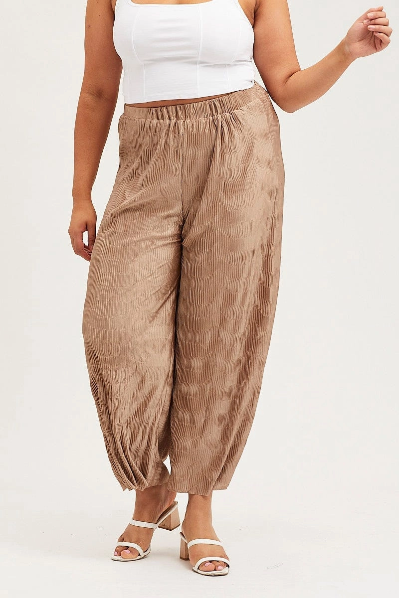 Gold Pants High Rise Plisse Elastic Waist RuggedDurability Raw edge