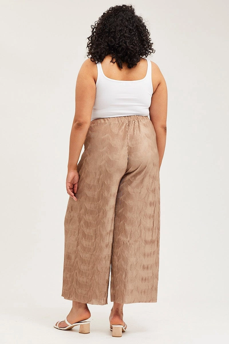Gold Pants High Rise Plisse Elastic Waist Stylish Layers Walk Friendly