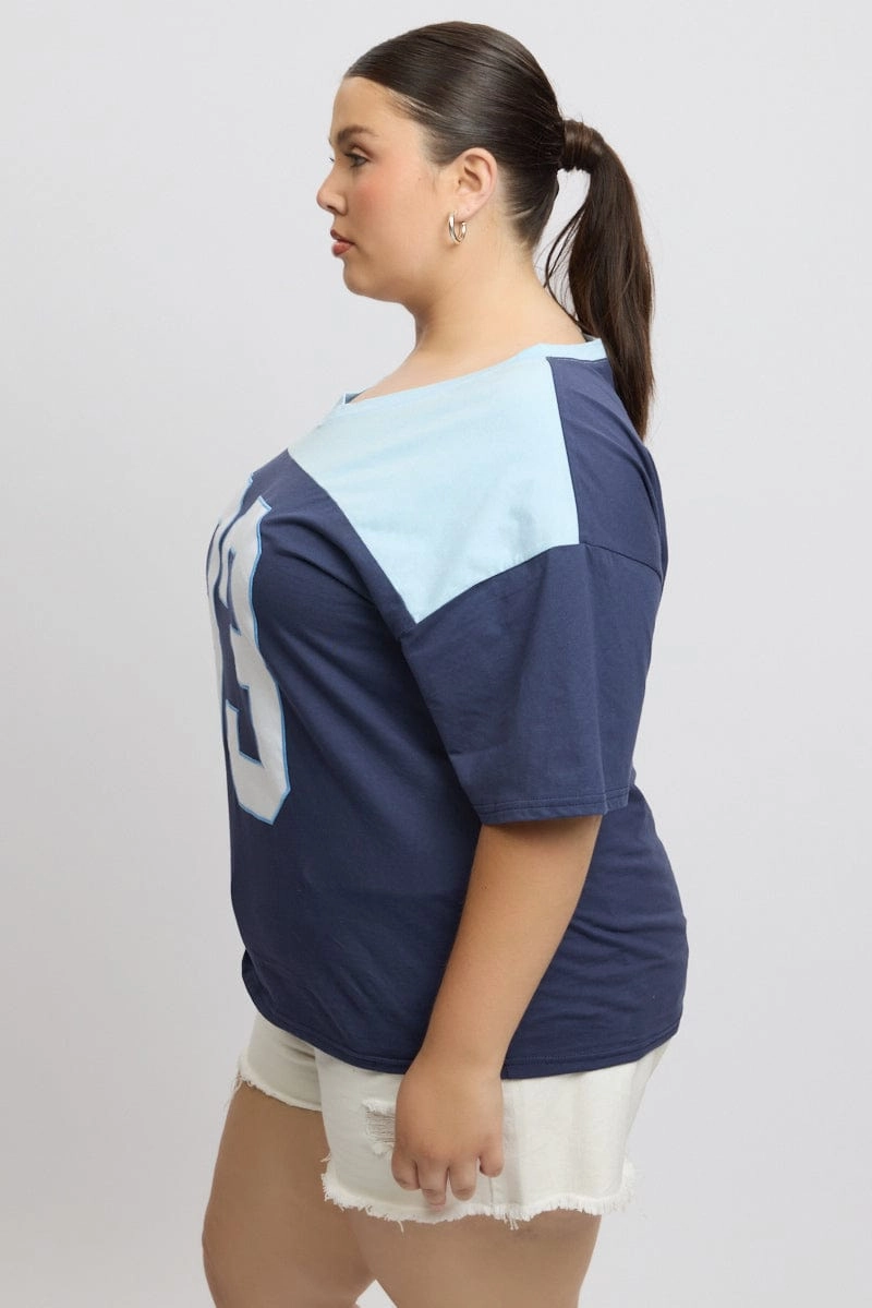 Tear Resistant Knit Circular Knit Design Blue Graphic T Shirt Short Sleeve