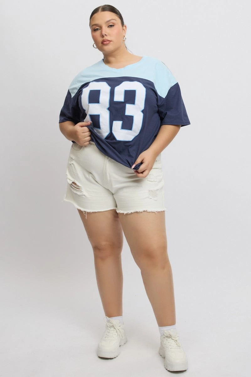 V-Neck Easy Layer Blue Graphic T Shirt Short Sleeve