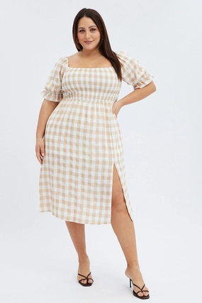 Nude Check Midi Dress Split Front Large Gingham Check Linen Chic