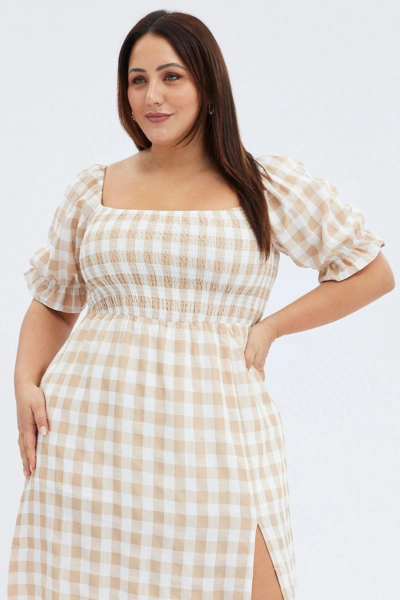 Everyday Piece velvet feel Nude Check Midi Dress Split Front Large Gingham Check