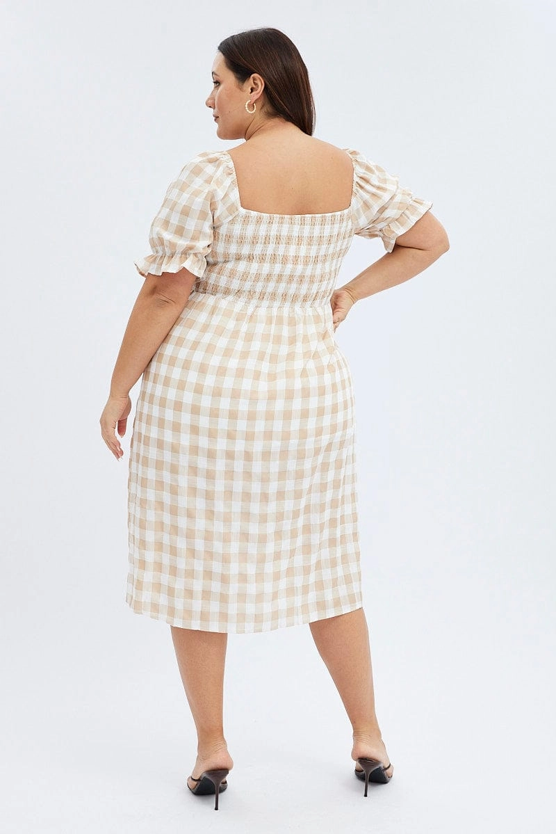 Nude Check Midi Dress Split Front Large Gingham Check wrap waist Easy Movement