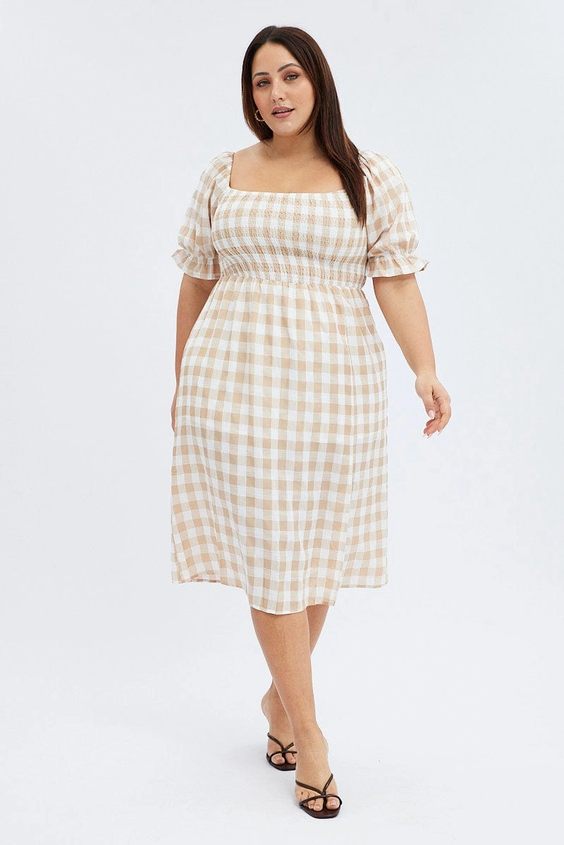 Flare Swing Nude Check Midi Dress Split Front Large Gingham Check