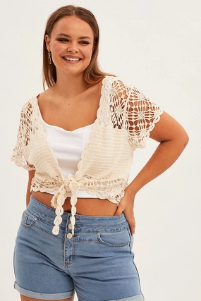 Oatmeal Crochet Cardigan Crop Tie Front Sleek Layers WaterResistantFabric