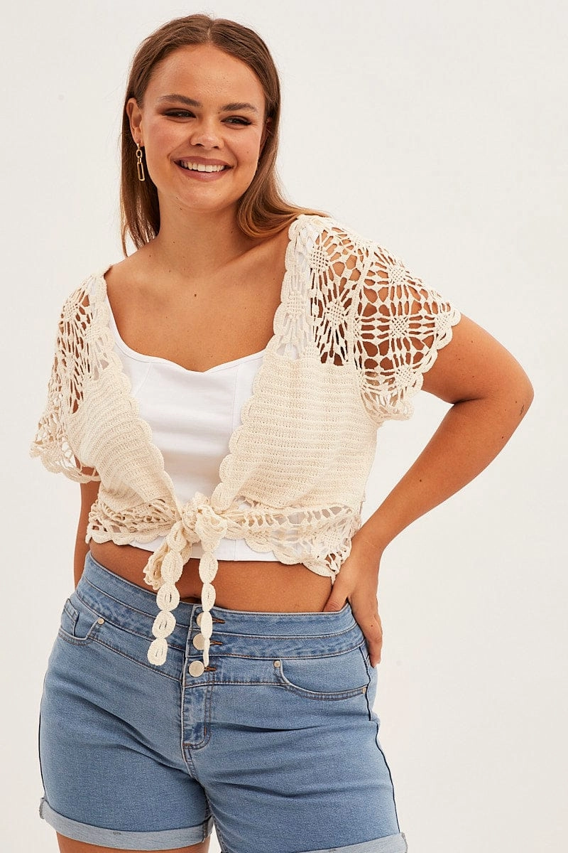 Oatmeal Crochet Cardigan Crop Tie Front Sleek Layers WaterResistantFabric