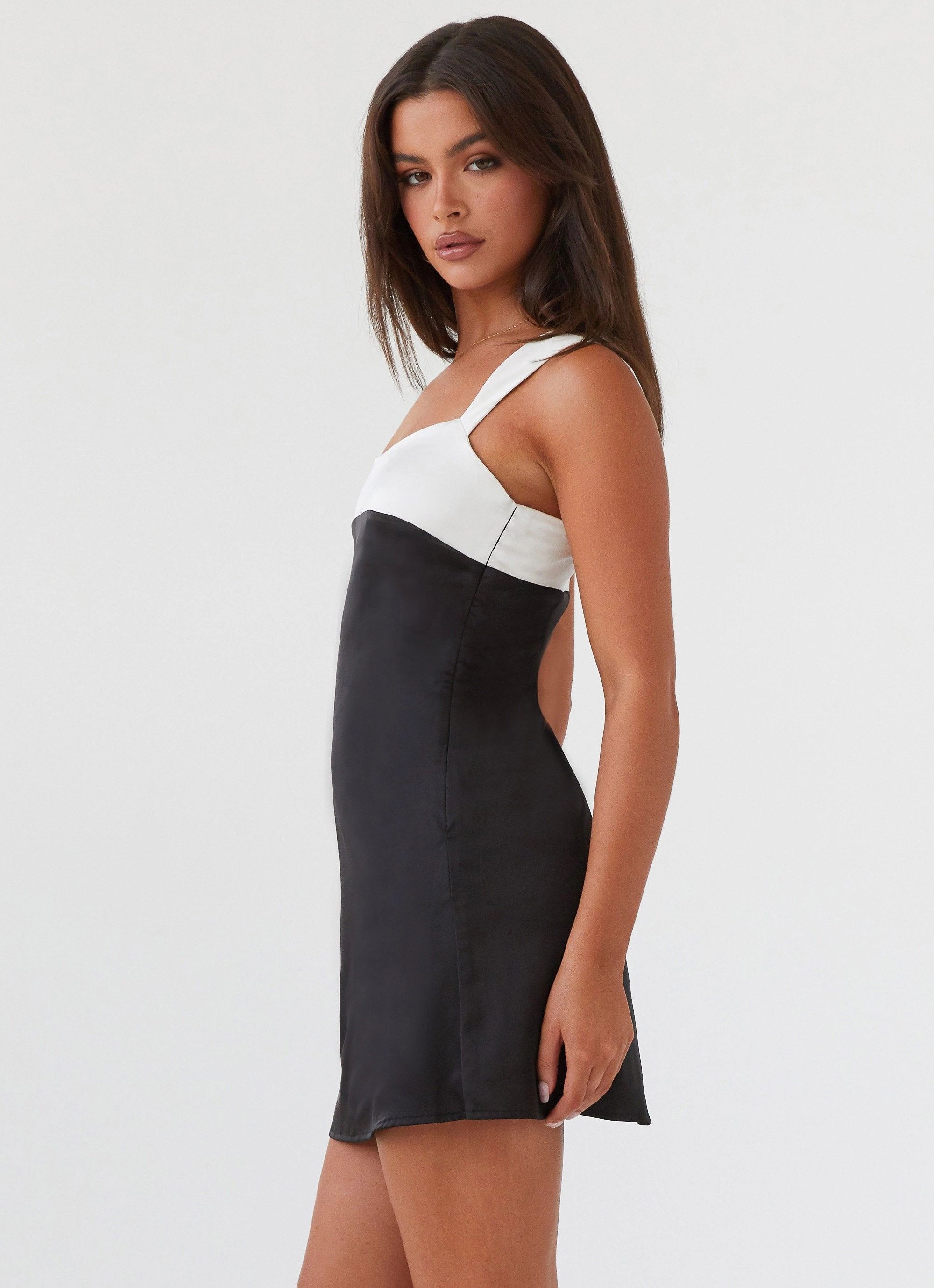 vacation look Flattering Design Odette Satin Mini Dress - Onyx