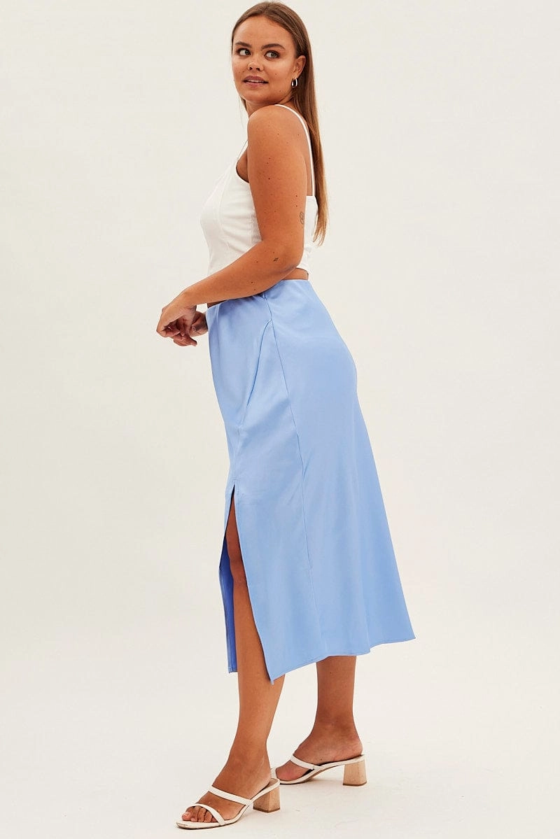 Minimal Touch Faux Leather Blue Midi Skirt Bias Satin Split Side