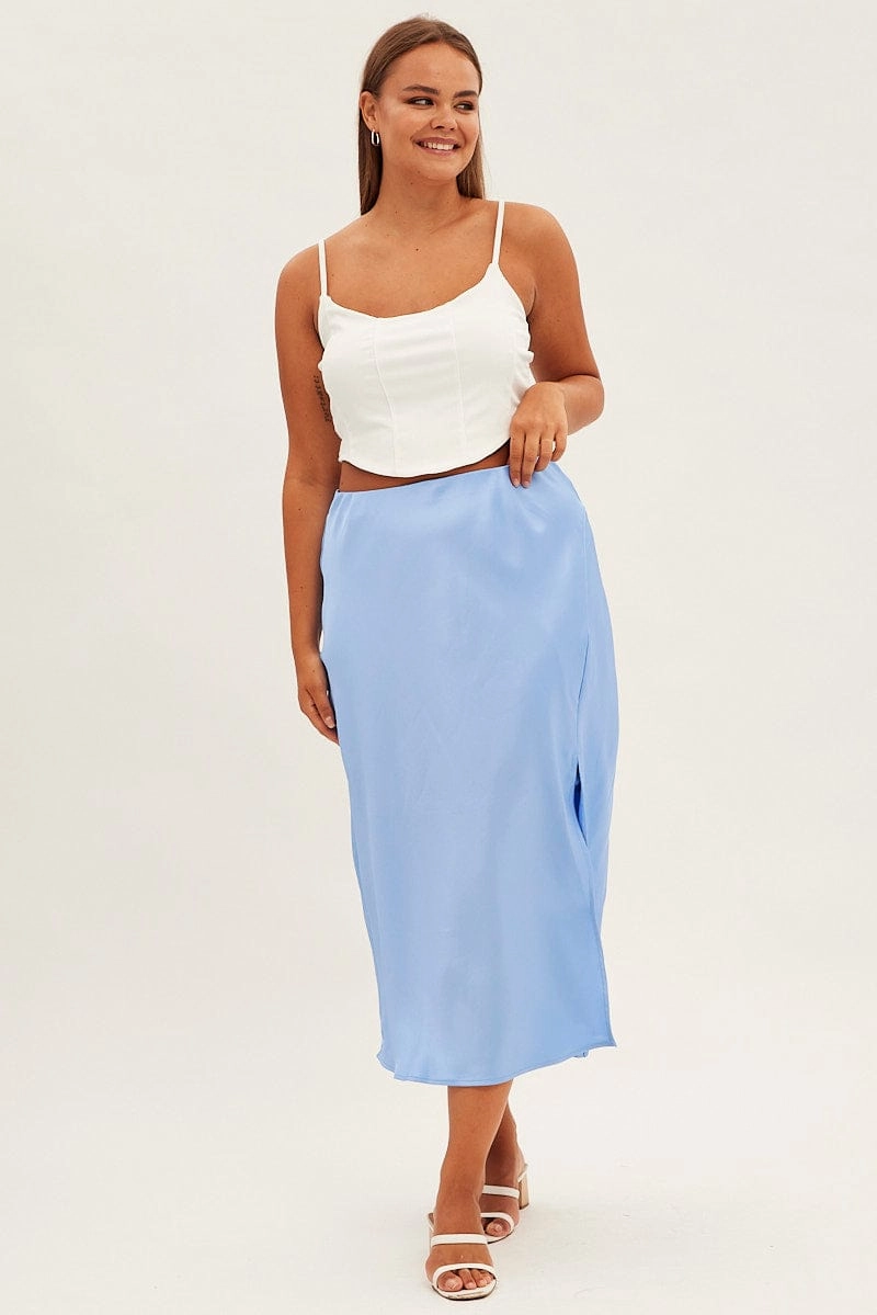 Blue Midi Skirt Bias Satin Split Side Business Meeting Ankle length