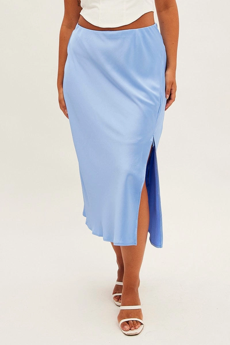 Modern Details Blue Midi Skirt Bias Satin Split Side