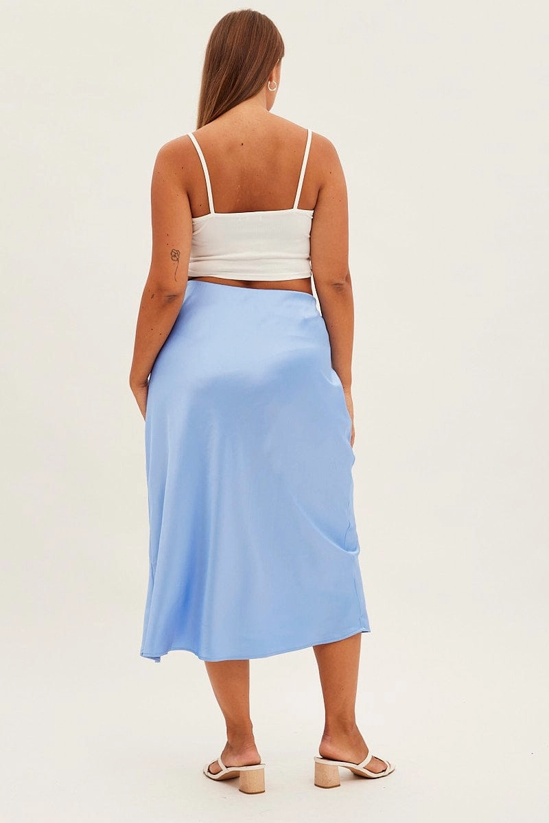 Blue Midi Skirt Bias Satin Split Side Linen Cotton Mix