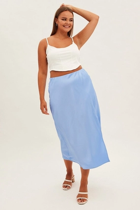 Everyday Essential Blue Midi Skirt Bias Satin Split Side