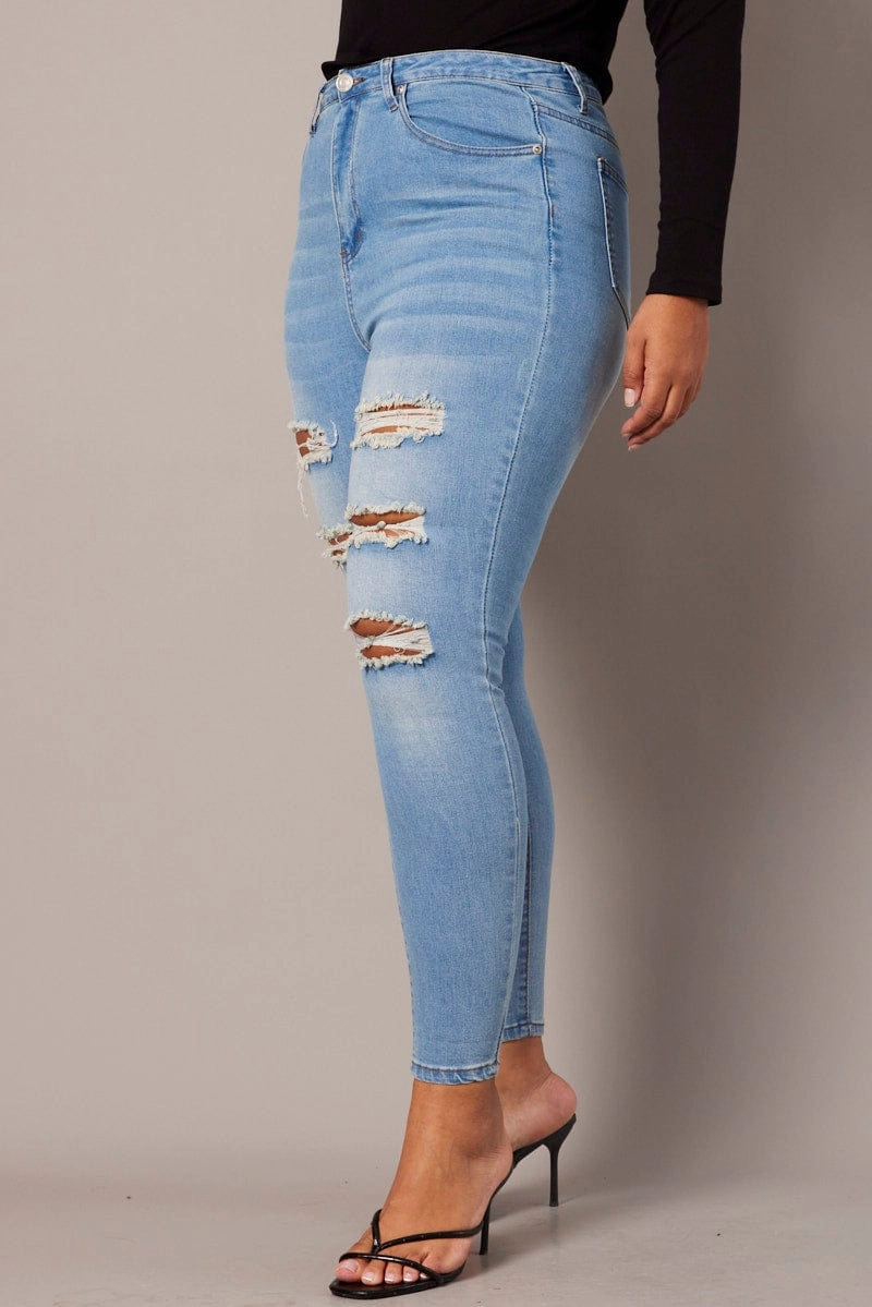 Soft Aesthetic Denim Skinny Jeans High Rise Distressed