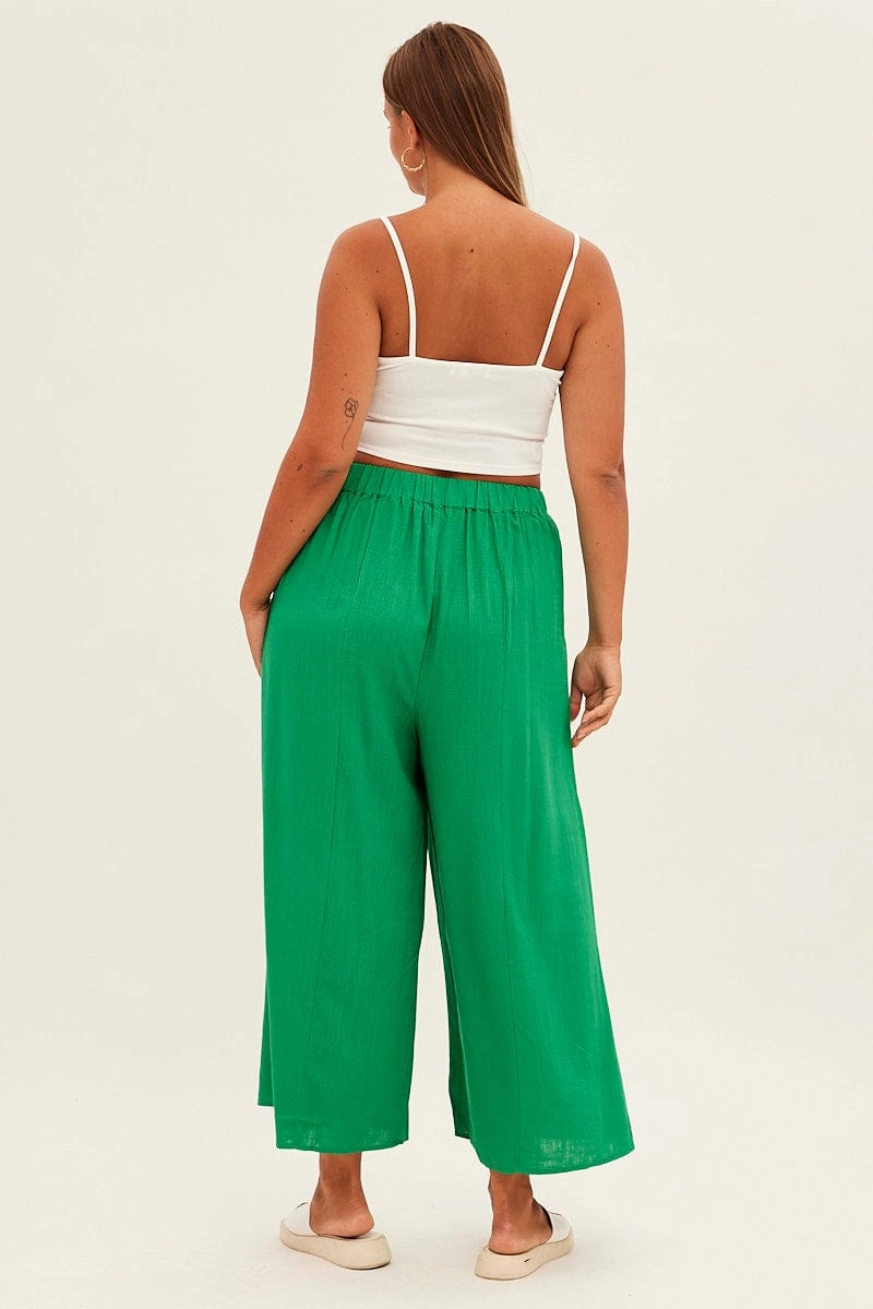 Layered Comfort Green Wide Leg Pants High Rise Linen Blend