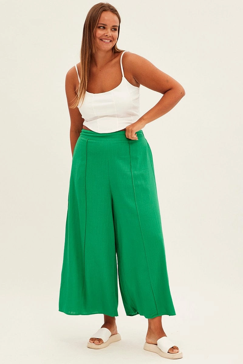 Recycled fibers Double Needle Stitching Green Wide Leg Pants High Rise Linen Blend