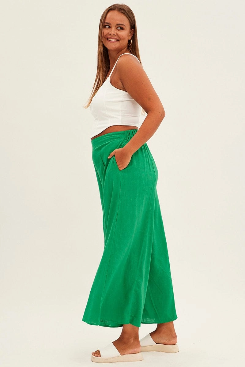 Smart Layering Skinny Fit Green Wide Leg Pants High Rise Linen Blend
