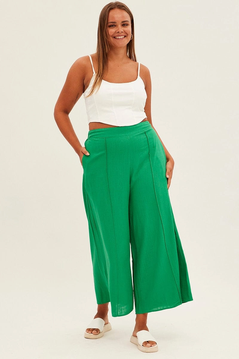 Green Wide Leg Pants High Rise Linen Blend Ultimate Comfort
