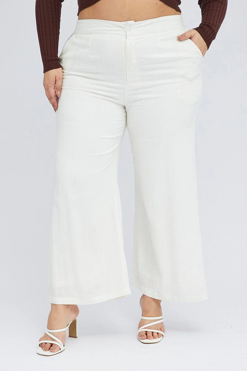 White Wide Leg Pants Linen Blend Button Front Perfect Movement