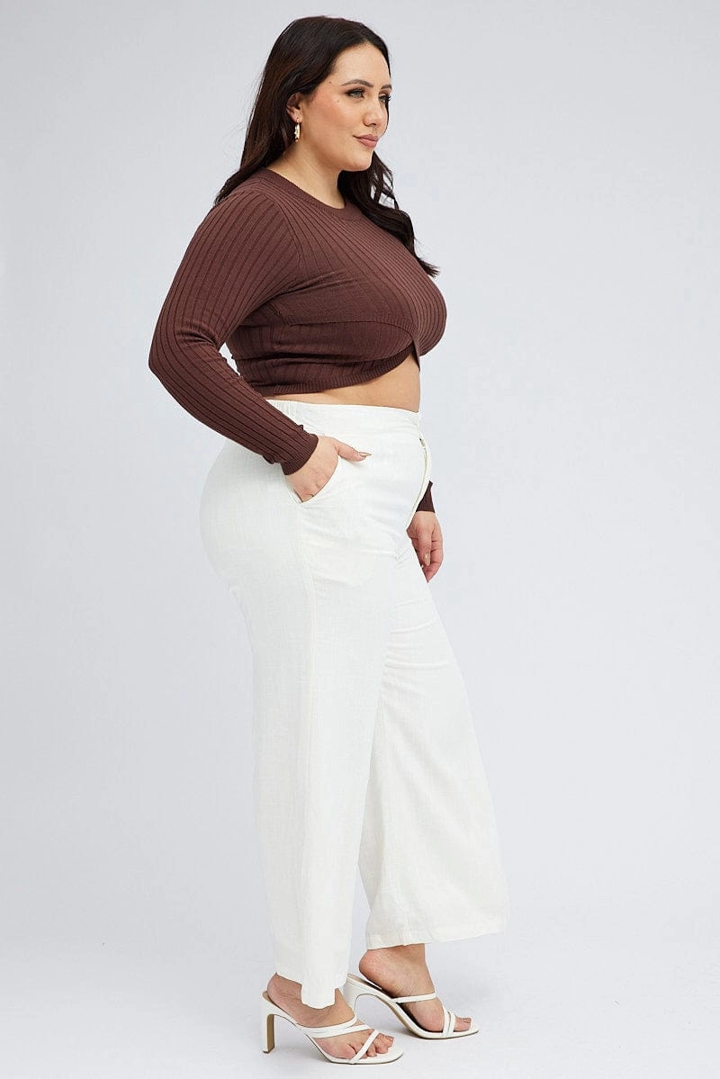 White Wide Leg Pants Linen Blend Button Front Smart Look Mesh Lined