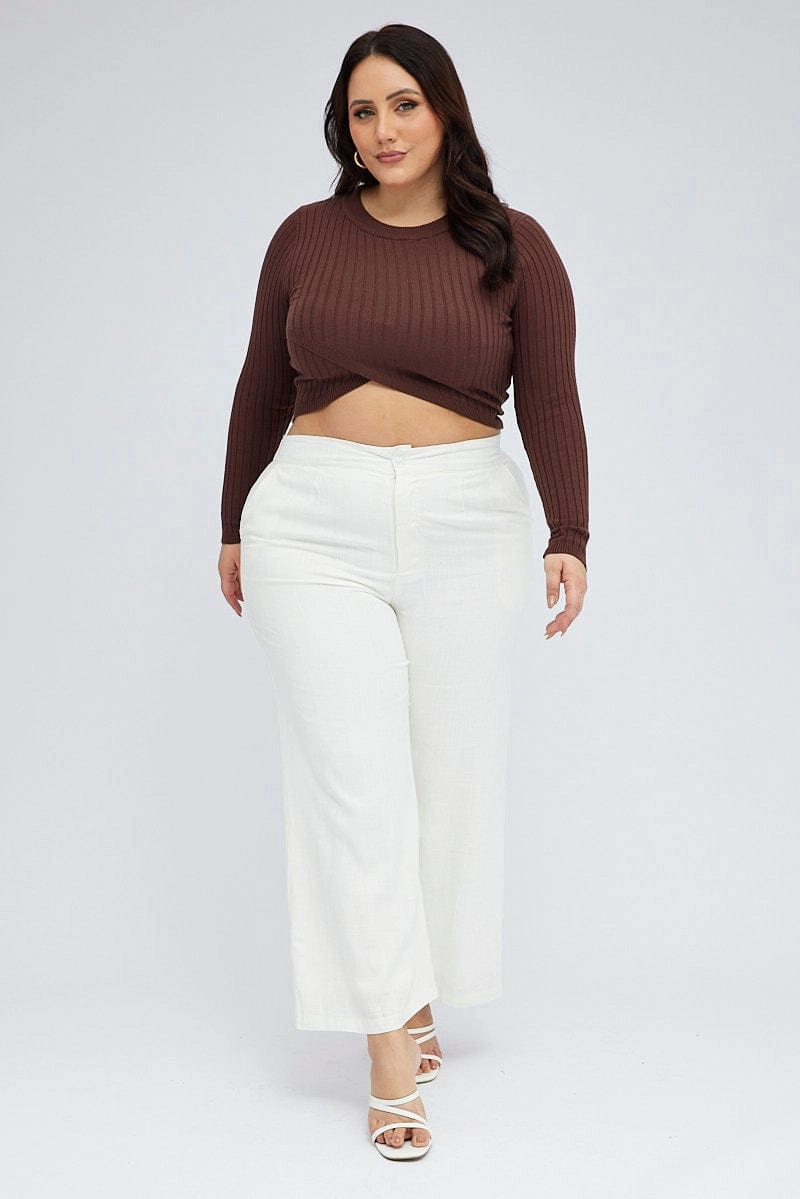 White Wide Leg Pants Linen Blend Button Front Sporty Design Wrinkle-Resistant