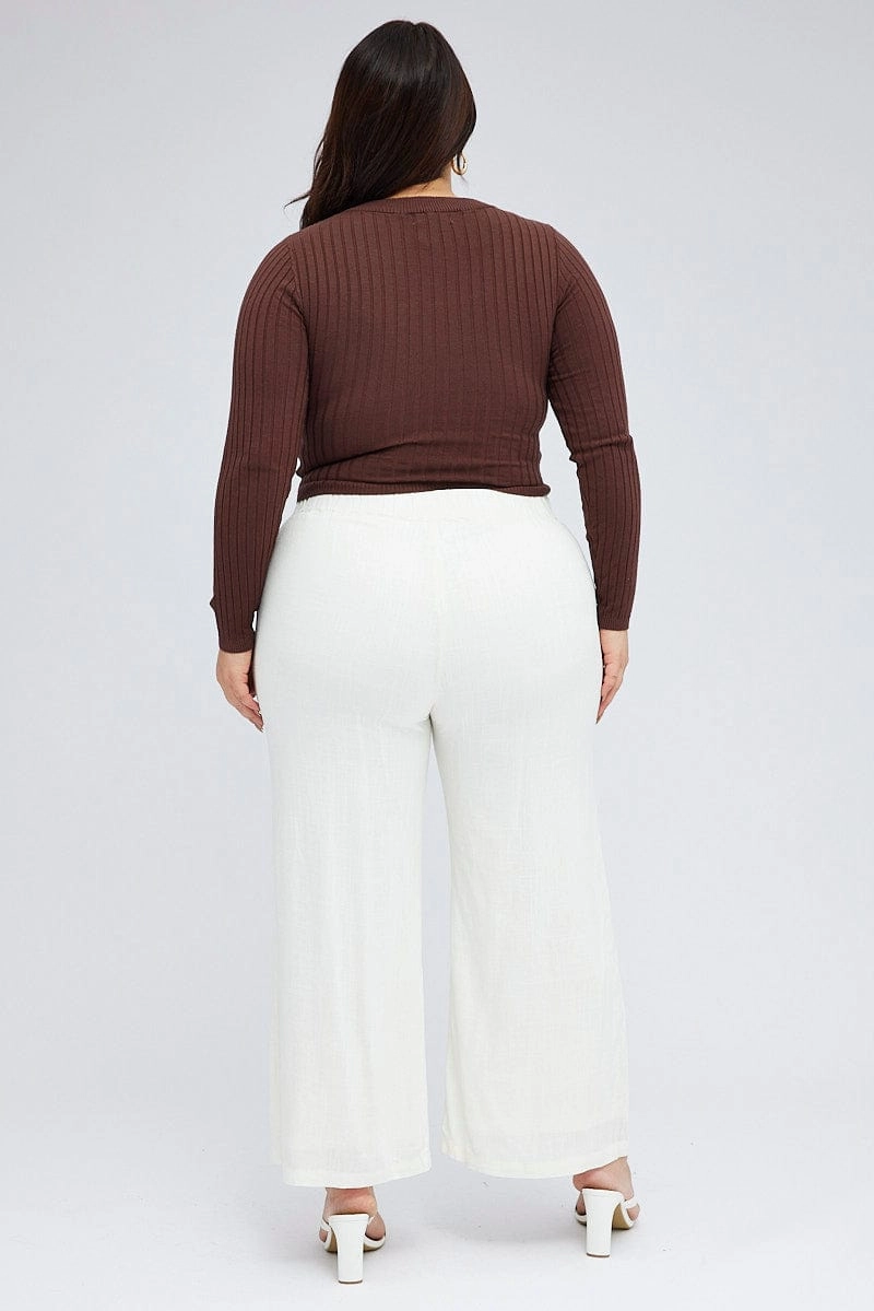 Laser Cut Perforations White Wide Leg Pants Linen Blend Button Front