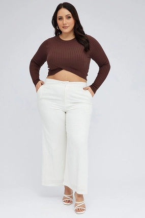 Soft Design White Wide Leg Pants Linen Blend Button Front