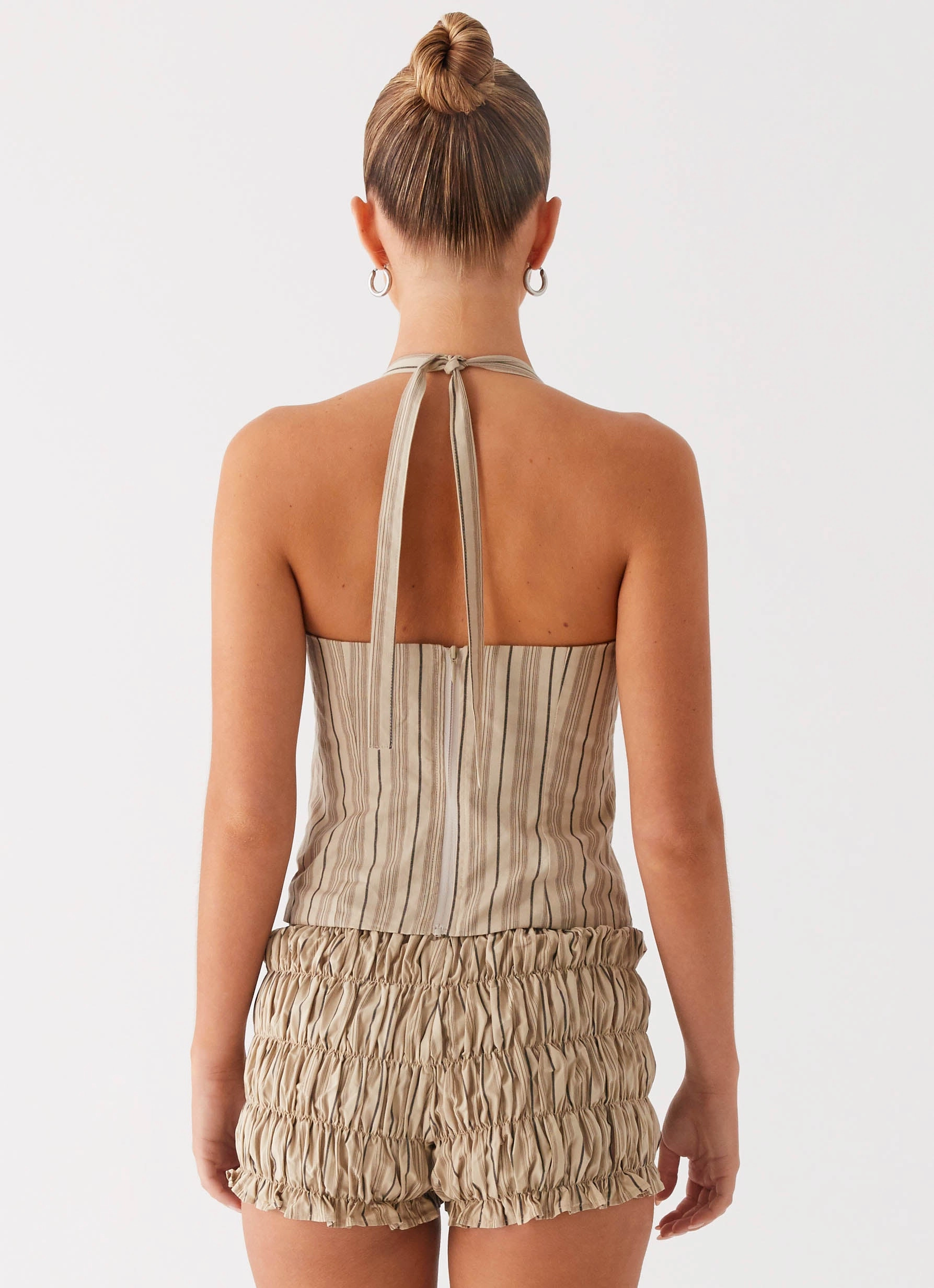 Luxury Brand Girls Like Us Ruched Mini Shorts - Oatmeal Stripe