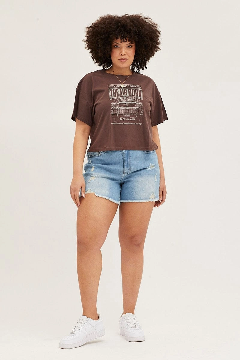 perfect for all-day wear Short sleeved breeziness Brown Short Sleeve Graphic Crop T-shirt