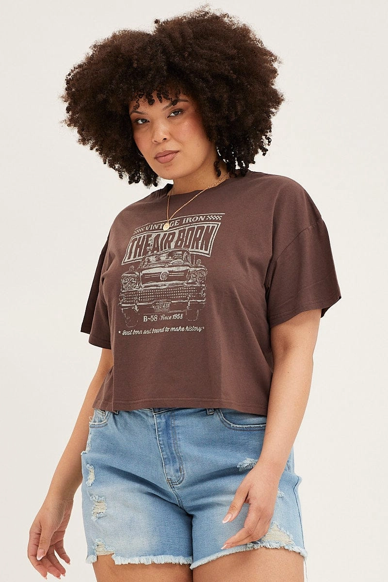 Brown Short Sleeve Graphic Crop T-shirt Stretch Wear