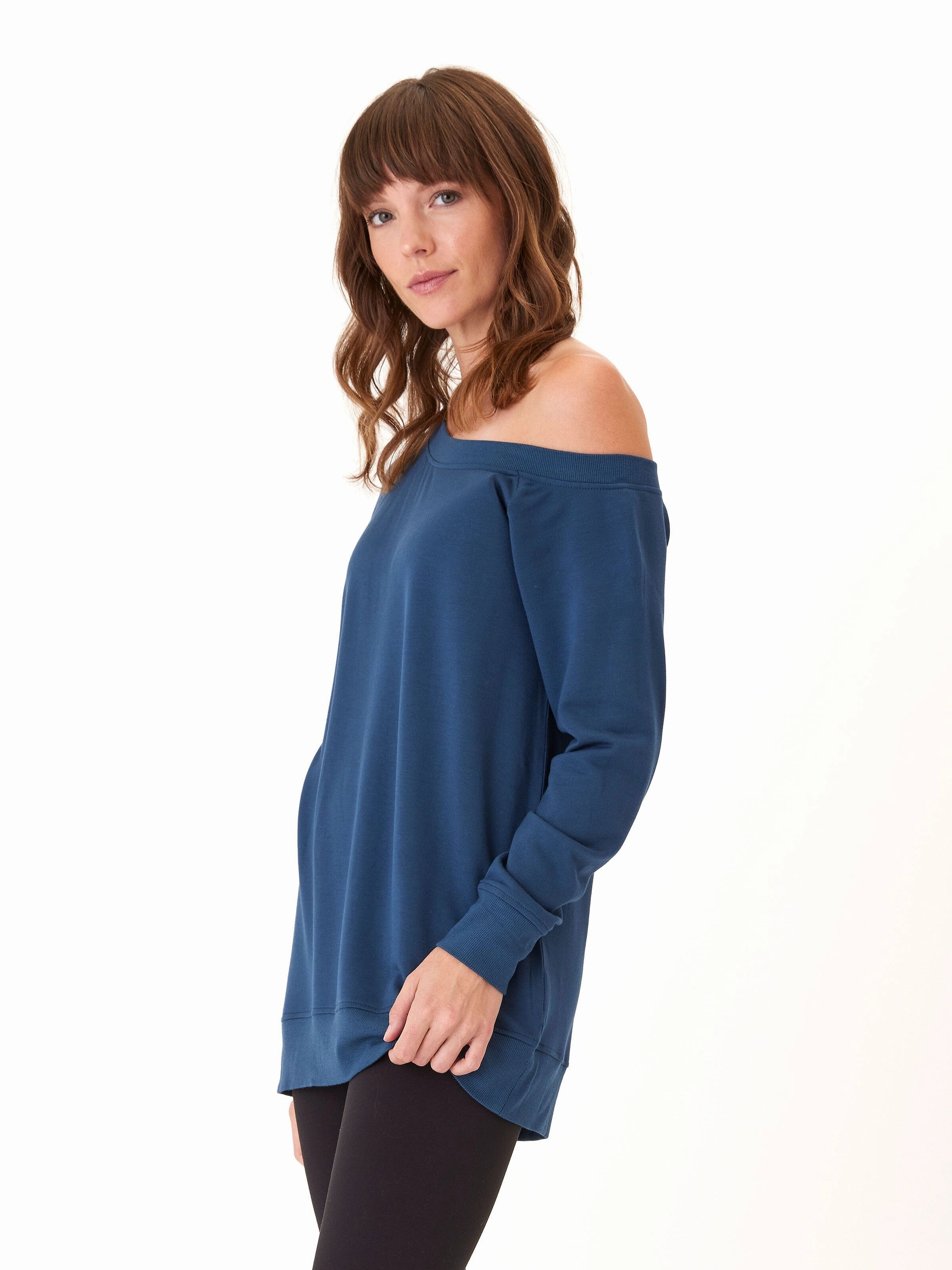 Ohara Feather Fleece Off Shoulder Sweatshirt Foldable Collar AllDay Comfort Design