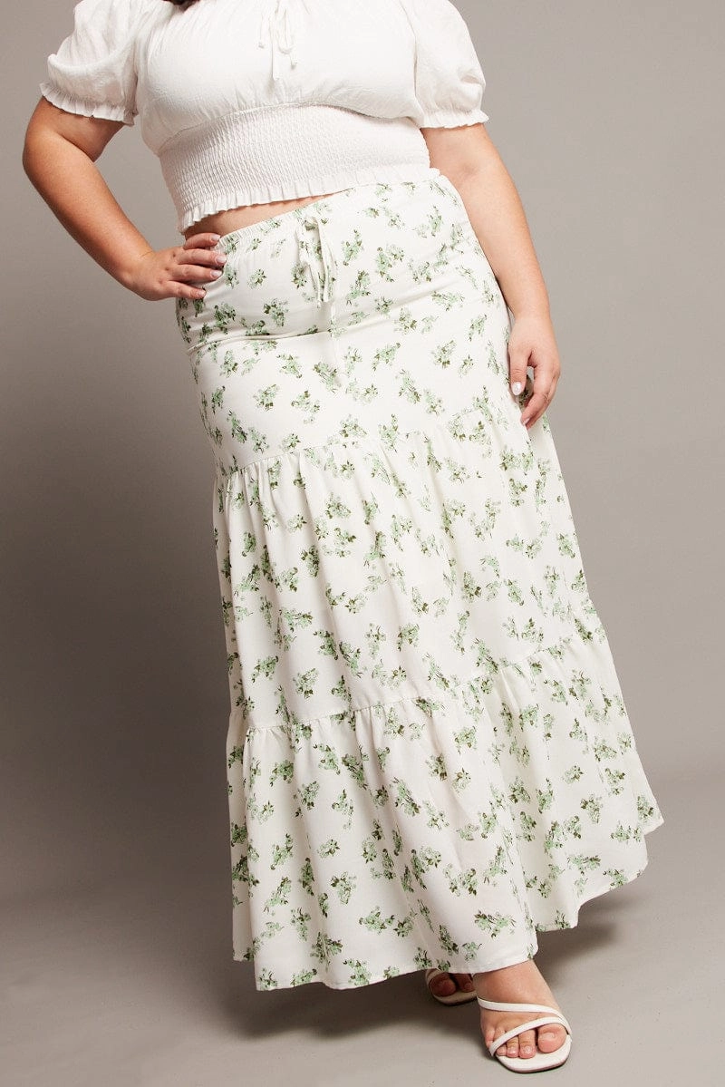 Green Ditsy Elastic Waist Maxi Skirt Machine wash safe