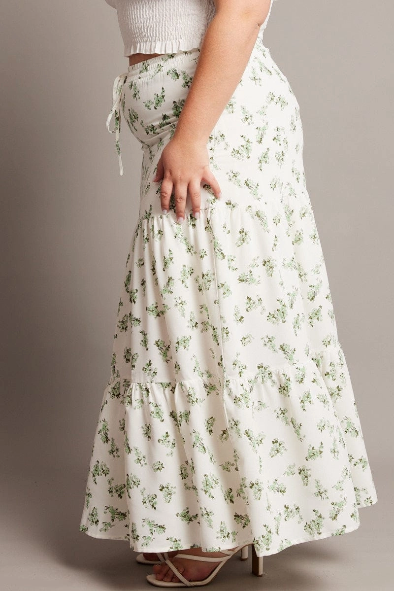 Green Ditsy Elastic Waist Maxi Skirt Ruching Details Collaboration Piece