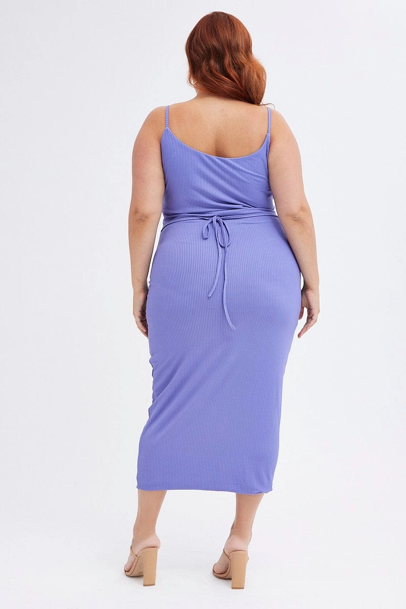 Textured Look Sophisticated Waistband Fit Purple Rib Jersey Midi Dress Tie Waist