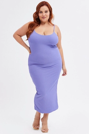 Cool Tone Purple Rib Jersey Midi Dress Tie Waist