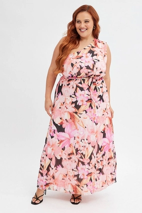 Orange Floral Midi Dress One Shoulder Tailored Waistband Blush Glow